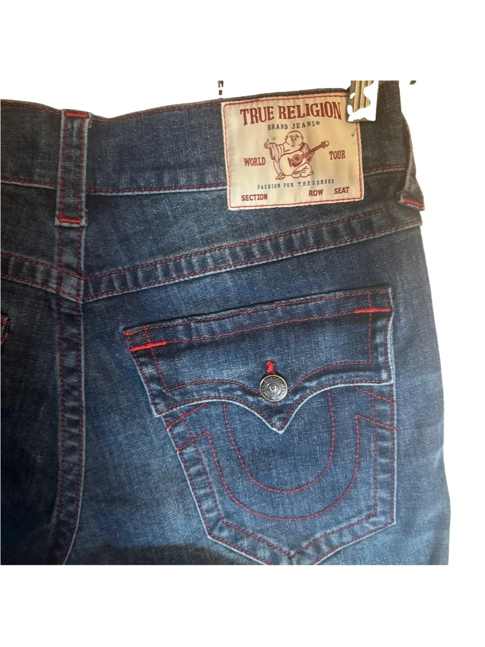 True Religion Men’s Indigo Denim Cutoff Shorts with Red Stitching